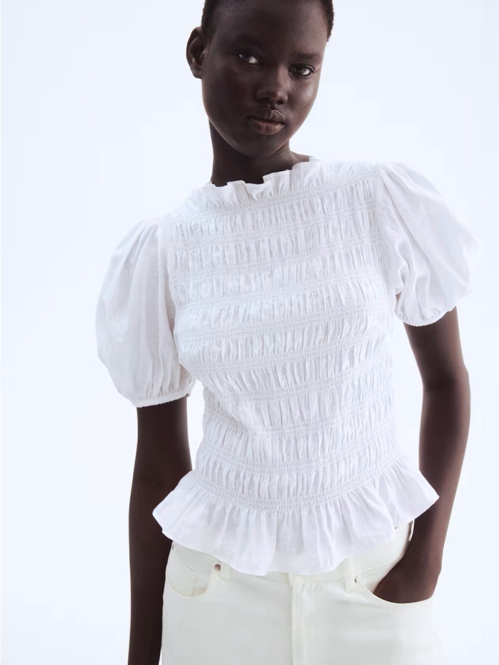 H&M White Smocked Blouse Sz Medium Summer Cottagecore
